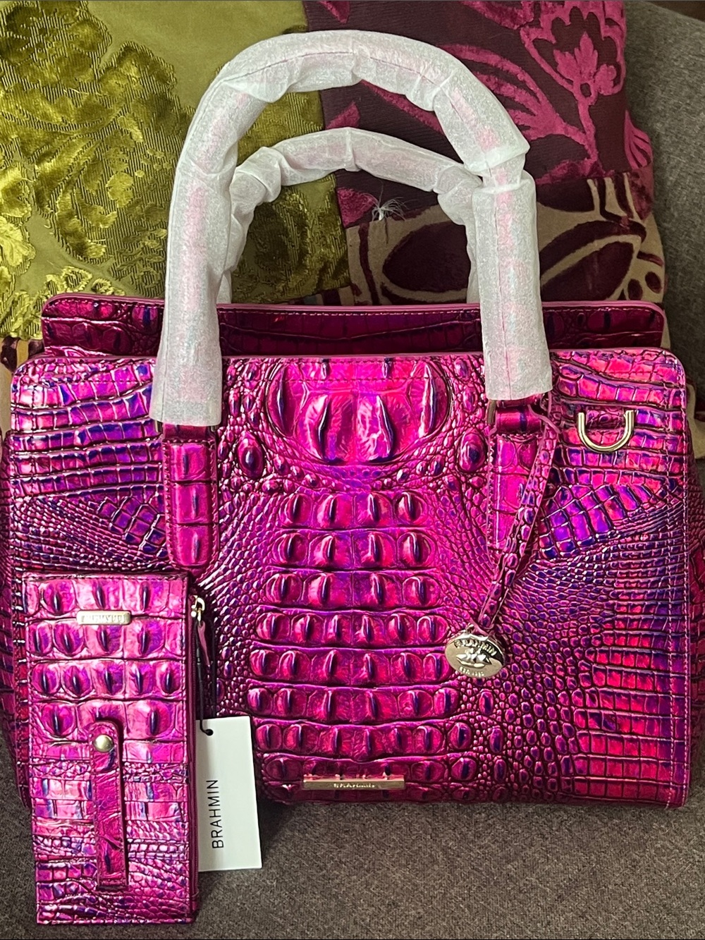 BRAHMIN Voltage Violet Small Finley Satchel with matching Credit Card Wallet NWT